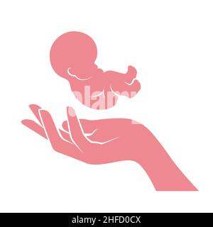 Fetus on mother palm, baby birth and childcare concept, embryo and hand of woman, vector Stock Vector