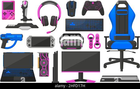 Gaming Accessories And Professional It Equipment Set Headset With Mic Gaming  Chair Monitor Steering Wheel Virtual Reality Glasses Playing Joystick Video  Console Headphone Mouse Stock Illustration - Download Image Now - iStock