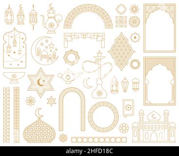 Traditional arabic muslim oriental gold decorative elements. Arabic mosque, arch, hookah, eastern lantern, patterned borders vector illustration set Stock Vector