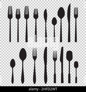 Set of cutlery icons on checked transparent background. Vector illustration. Eps 10 vector file. Stock Vector