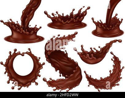 Realistic chocolate frosting splashes, streams and hot dark chocolate swirls. Delicious desserts dynamic splashes and drops vector illustration set Stock Vector