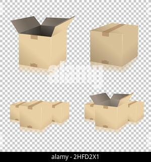 Brown closed and open carton delivery packaging box set on checked transparent background. Vector illustration. Eps 10 vector file. Stock Vector