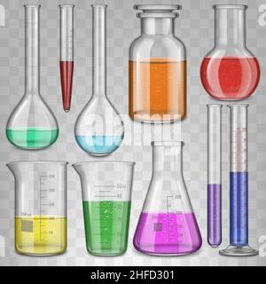 Realistic chemical lab glass beaker, filled test tubes, flask, glassware equipment. Laboratory chemical tests glassware vector illustration set. Lab Stock Vector