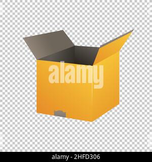 Yellow open carton delivery packaging box on checked transparent background. Vector illustration. Eps 10 vector file. Stock Vector