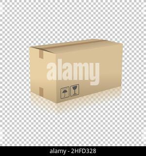 Brown carton delivery packaging box on checked transparent background. Vector illustration. Eps 10 vector file. Stock Vector