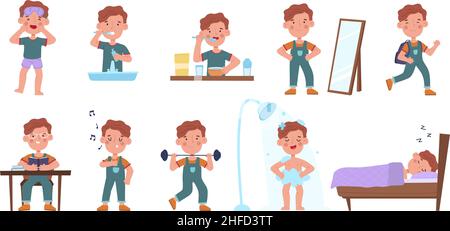 Boy daily routine activities, little guy sleep and wake schedule. Little boy eating, sleeping and reading scenes vector illustration set. Kid daily Stock Vector