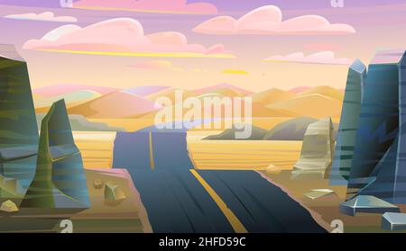 Desert road. Soft hot pink evening. Landscape of southern countryside. Large dunes and hills. Cool cartoon style. Stone rocks and boulders. Vector. Stock Vector