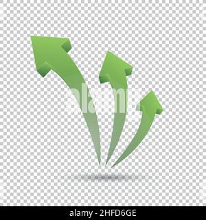 Abstract Curved Green Arrows Vector Set Isolated on checked transparent background. 3D Arrow Shapes Collection. design element for printables or web. Stock Vector