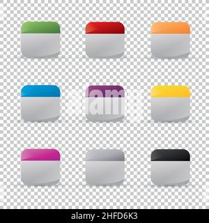 Flat Glossy calendar Icon set on checked transparent background. Vector illustration. Eps 10 vector file. Stock Vector