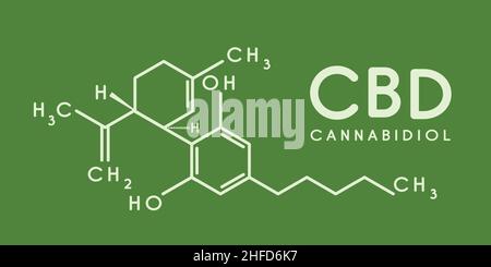 cbd formula. Cannabidiol molecule structure compound. Medical marijuana molecules, cannabidiol biochemistry formula. Chemistry addiction. Vector illus Stock Vector