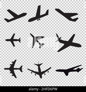 Big Set of Different Airplanes Silhouettes. In Flight, Running, Takeoff, Landing, Front, Profile, Back, Up and Bottom Views on checked transparent bac Stock Vector