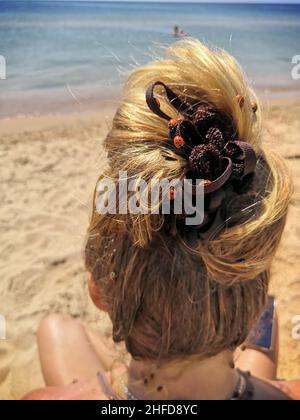 Invasion of ladybug insects. On the hair of a woman sitting on the seashore, a cluster of ladybugs. Stock Photo