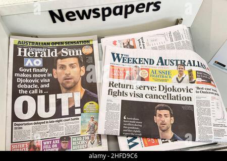 Melbourne, Australia, 14th Jan, 2022. Serbian tennis player Novak Djokovic is on the front pages of two australian newspapers. Frank Molter/Alamy Live news Stock Photo