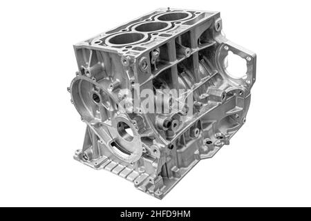 new three-cylinder car cylinder block on a white background Stock Photo