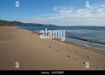 Rome, Italy. 11th Jan, 2022. View of Alberese beach in Maremma Natural Park at sunset (Photo by Matteo Nardone/Pacific Press) Credit: Pacific Press Media Production Corp./Alamy Live News Stock Photo