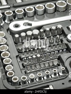 Close up of mechanical hand tool kit. Black and white image. Stock Photo