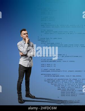Software developer with hand on chin examining code flowing by the side of the image Stock Photo