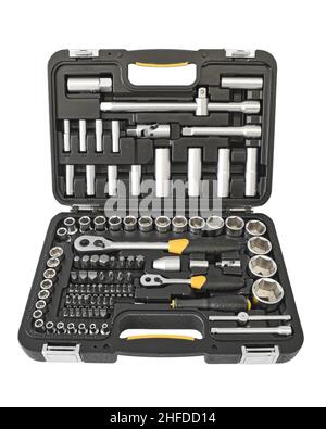 Mechanical hand tool kit isolated on white background. Mechanic instrumental toolbox. Stock Photo