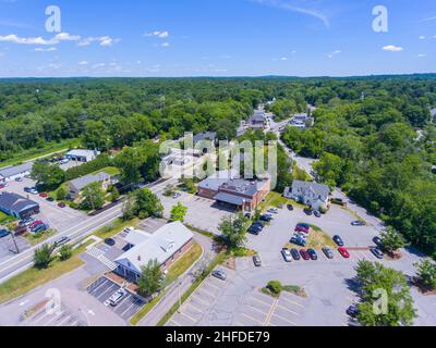 Wayland historic town center aerial view in summer at Boston Post Road and MA Route 27, including First Parish Church and Town Hall, Wayland, MA, USA. Stock Photo