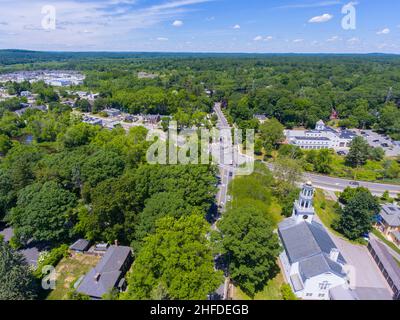 Wayland historic town center aerial view in summer at Boston Post Road and MA Route 27, including First Parish Church and Town Hall, Wayland, MA, USA. Stock Photo