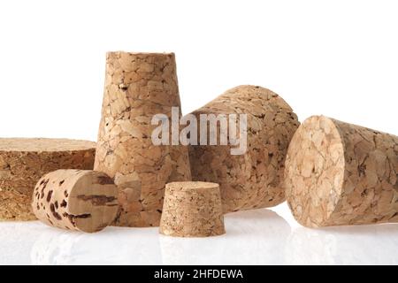 Natural wine cork closeup. Several natural wine corks on white background. Stock Photo