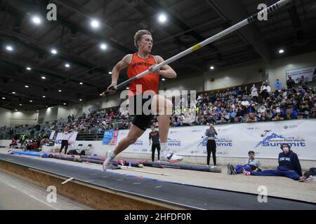 Sondre Guttormsen of Princeton places fifth in the elite men's competition at 18-8 3/4 (5.71m) during the UCS Spirit National Pole Vault Summit at the Stock Photo