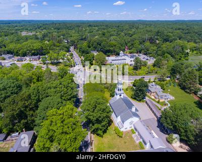 Wayland historic town center aerial view in summer at Boston Post Road and MA Route 27, including First Parish Church and Town Hall, Wayland, MA, USA. Stock Photo