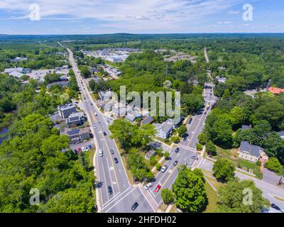 Wayland historic town center aerial view in summer at Boston Post Road and MA Route 27, including First Parish Church and Town Hall, Wayland, MA, USA. Stock Photo