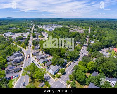 Wayland historic town center aerial view in summer at Boston Post Road and MA Route 27, including First Parish Church and Town Hall, Wayland, MA, USA. Stock Photo