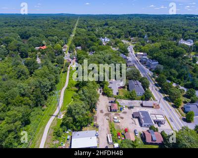 Wayland historic town center aerial view in summer at Boston Post Road and MA Route 27, including First Parish Church and Town Hall, Wayland, MA, USA. Stock Photo