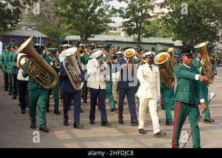 Lagos, Nigeria. 15th Jan, 2022. Military personnel march during the parade and laying of wreath to mark the Nigerian Armed Forces Remembrance Day at the Military Arcade, TBS, Lagos, Nigeria. Every 15th of January, Nigeria holds Armed Forces Remembrance Day to celebrate her military fallen heroes. Credit: Adekunle Ajayi/Alamy Live News Stock Photo