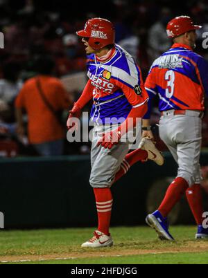 MAZATLAN, MEXICO - FEBRUARY 02: Edwin Diaz of Los Criollos de Caguas celebrates a two-run home run in the second inning, during the game between Puerto Rico and Mexico as part of Serie del Caribe 2021 at Teodoro Mariscal Stadium on February 2, 2021 in Mazatlan, Mexico. (Photo by Luis Gutierrez/Norte Photo) Stock Photo