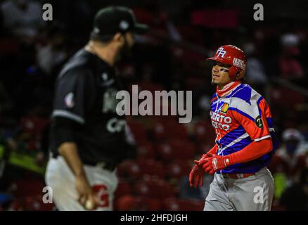 MAZATLAN, MEXICO - FEBRUARY 02: Edwin Diaz of Los Criollos de Caguas celebrates a two-run home run in the second inning, during the game between Puerto Rico and Mexico as part of Serie del Caribe 2021 at Teodoro Mariscal Stadium on February 2, 2021 in Mazatlan, Mexico. (Photo by Luis Gutierrez/Norte Photo) Stock Photo