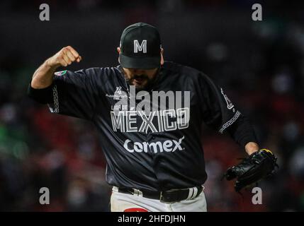 MAZATLAN, MEXICO - FEBRUARY 02: Edgar Gonzalez starting pitcher of Tomateros de Culiacan makes a lament after receiving a two-run home run in the second inning, during the game between Puerto Rico and Mexico as part of Serie del Caribe 2021 at Teodoro Mariscal Stadium on February 2, 2021 in Mazatlan, Mexico. (Photo by Luis Gutierrez/Norte Photo) Stock Photo