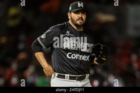 MAZATLAN, MEXICO - FEBRUARY 02:Edgar Gonzalez starting pitcher of Tomateros de Culiacan celebrates third out in his fourth inning, during the game between Puerto Rico and Mexico as part of Serie del Caribe 2021 at Teodoro Mariscal Stadium on February 2, 2021 in Mazatlan, Mexico. (Photo by Luis Gutierrez/Norte Photo) Stock Photo