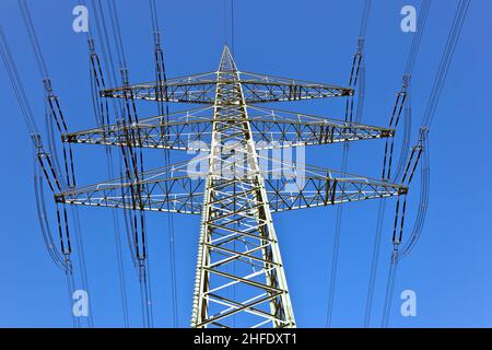 electricity tower with blue sky Stock Photo