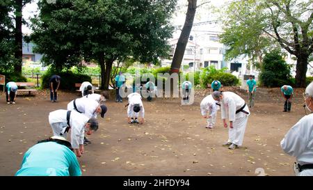 Asian elderly people practicing Tai Chi at public park Stock Photo