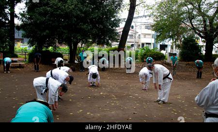 Asian elderly people practicing Tai Chi at public park Stock Photo