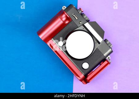 flat background analogue camera concept Stock Photo