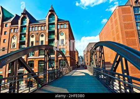 famous old Speicherstadt in Hamburg, build with red bricks Stock Photo