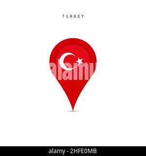 Teardrop map marker with flag of Turkey. Turkish flag inserted in the location map pin. Flat vector illustration isolated on white background. Stock Vector