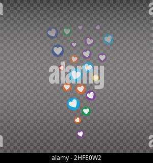 Live like, flying color hearts for stream. Live video and flying likes. Social media elements falling. Stock Vector