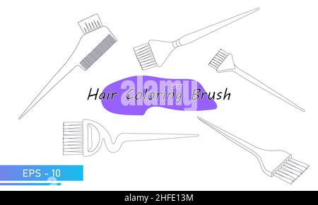 A set of brushes for coloring hair on the head. Hair color change. Tools for a beauty salon, hairdresser or stylist. In lines. Vector illustration. Stock Vector