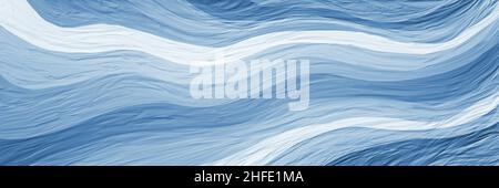 abstract blue background of waves in blue and white painted stripes, thick oil paint brush strokes in wavy lines, abstract water or flowing river illu Stock Photo