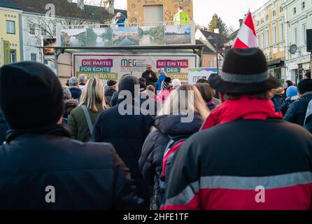 Amstetten, Austria - January 15 2022: Demonstration or Protest of MFG Menschen Freiheit Grundrechte Party against Mandatory Covid-19 Vaccination Stock Photo