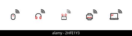 Internet of things. Smart devices with wireless connection. Mouse, headphones, earbuds, printer and laptop. Pixel perfect, editable stroke icons Stock Vector