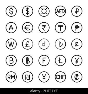 Currency symbols set. 25 main world currencies. Pixel perfect, editable stroke icons Stock Vector