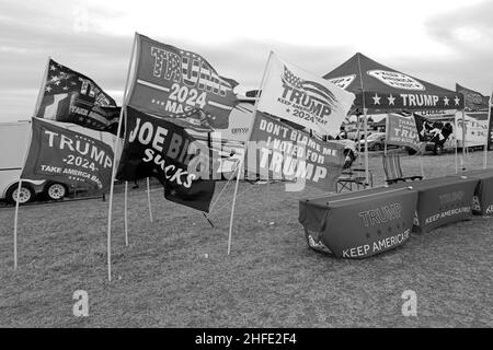 Flags for supporters of former President Donald Trump at a rally in Florence, Arizona. January 15, 2022. Stock Photo