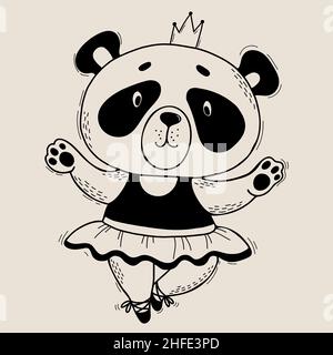 Cute panda character. girl ballerina in dress on pointe shoes with crown. Vector illustration. Character Cute animal in linear style hand drawing for Stock Vector
