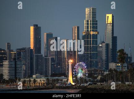 Melbourne Australia: Melbourne city skyline with St Kilda lighthouse in foreground. Stock Photo